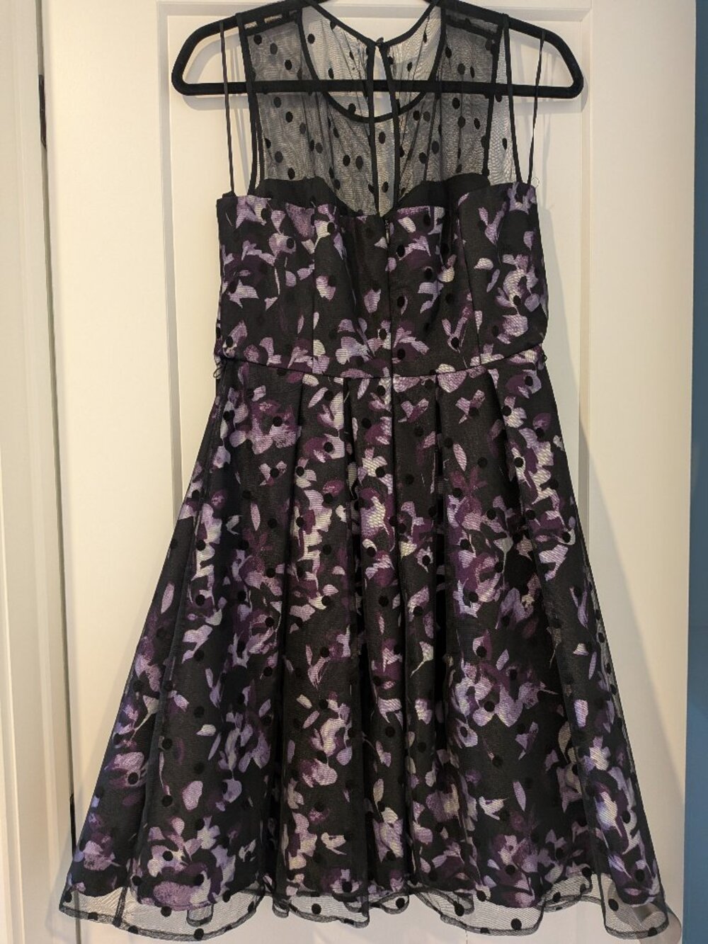 Ricki's black and purple floral dress with polka dot tulle overlay. Size 6